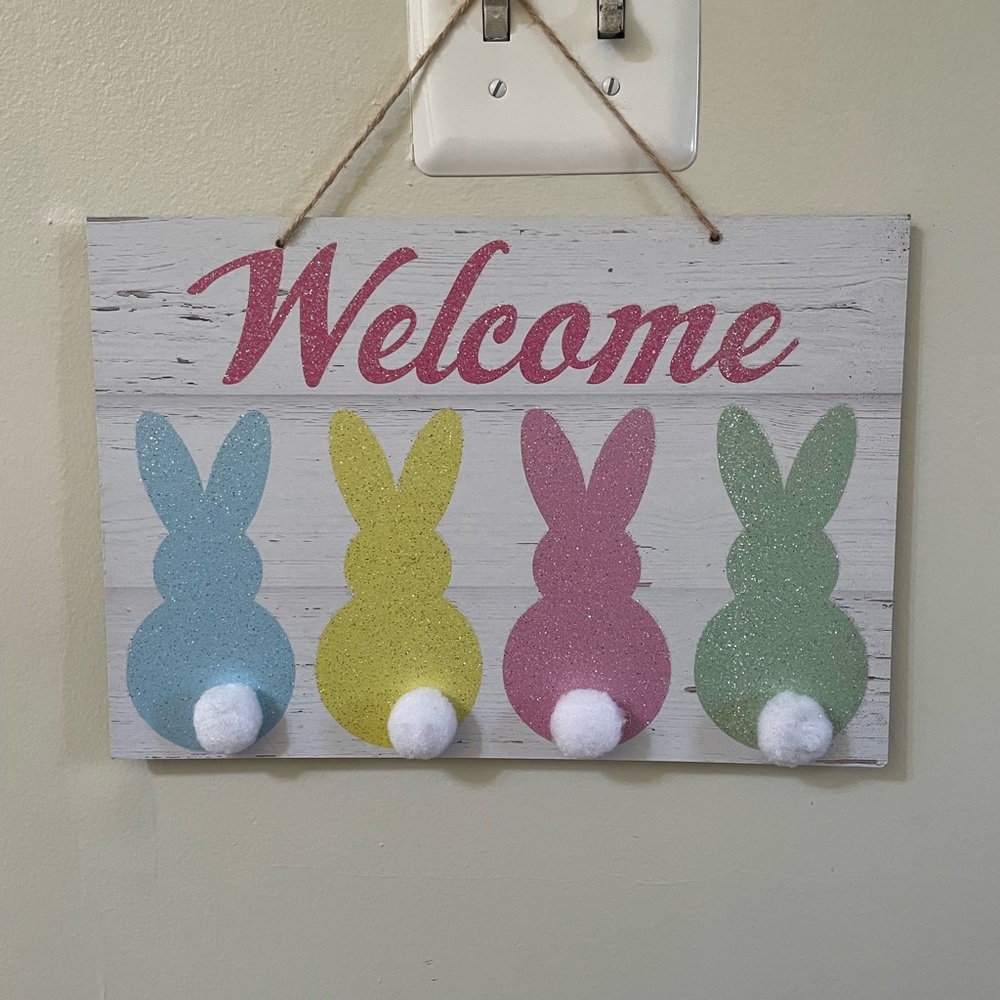 Easter “welcome” distressed sign with cotton balls for the bunnies tails